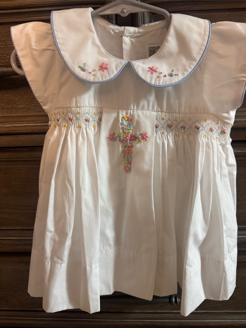Girls White Embroidered Cross Smocked Dress